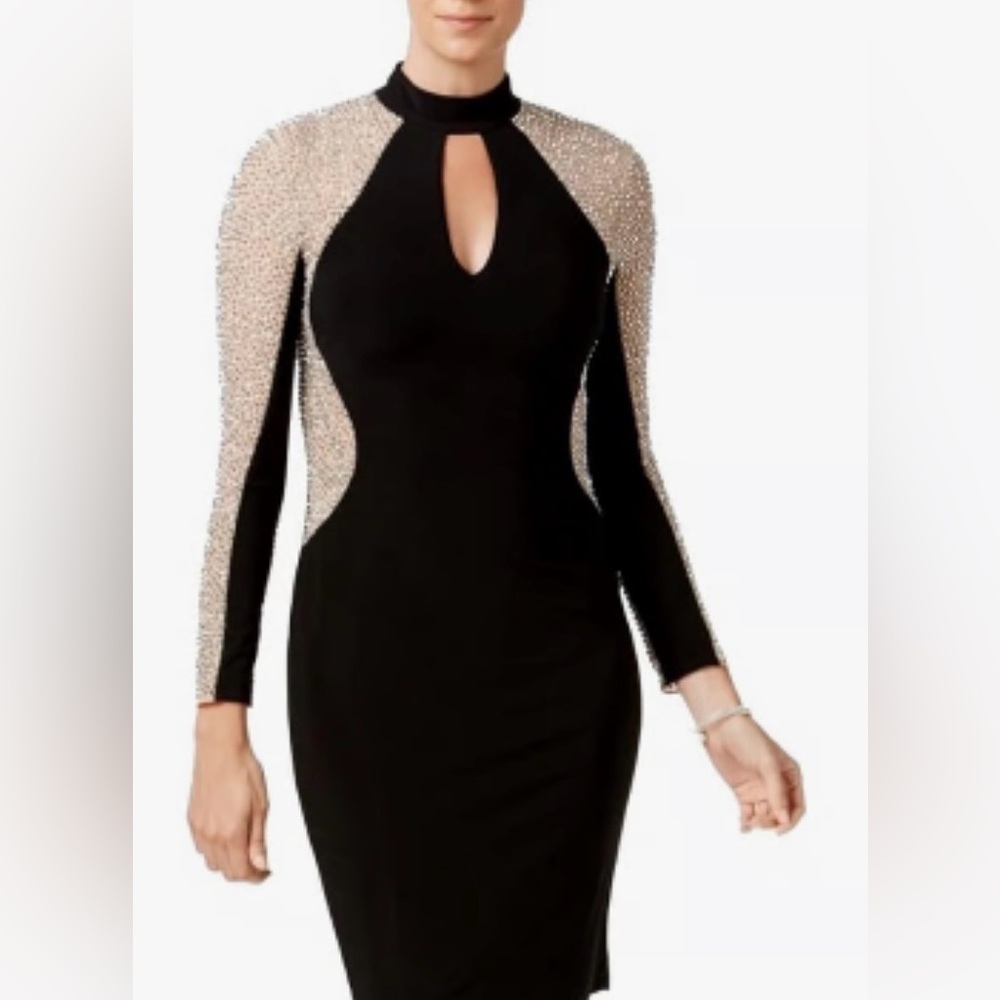 Xscape “GEMMA" SHORT HIGH NECK CAVIAR BEADED SLEEVE DRESS